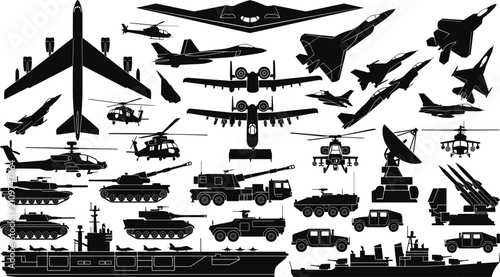 Schilderij op canvas Military vehicles and aircraft silhouettes, fighter jets, tanks, helicopters, warships, armored trucks, missile launchers, navy carrier, army equipment icons, combat force