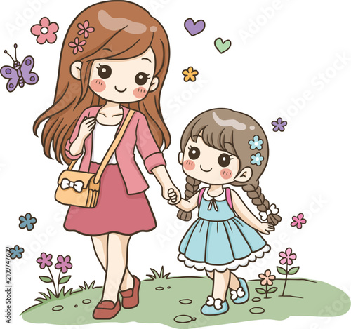 Cute Mother Walking with Daughter Clipart Mother's Day Kawaii Family Cartoon