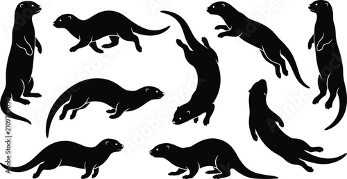 Konstfotografi Otter silhouettes, aquatic mammal icons, swimming weasel shapes, playful river wildlife, nature animal graphics, sea otter elements, wild creature poses