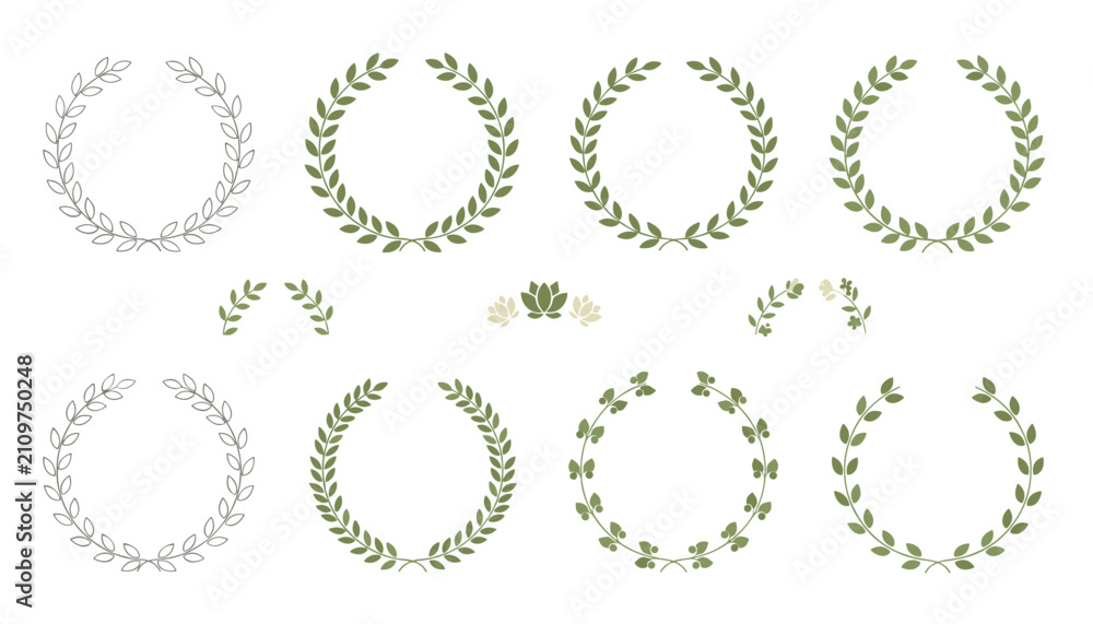 Fototapeta premium Elegant collection of green laurel wreaths, branches, and leaf dividers on a white background for wedding invitation design.