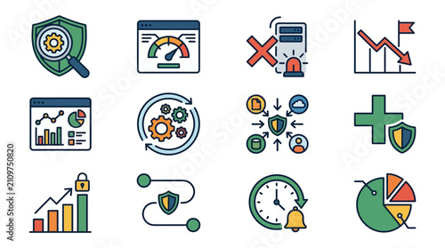 Clean Illustrated Icons Set Showcasing IT Security Performance Analytics and Business Growth Concepts