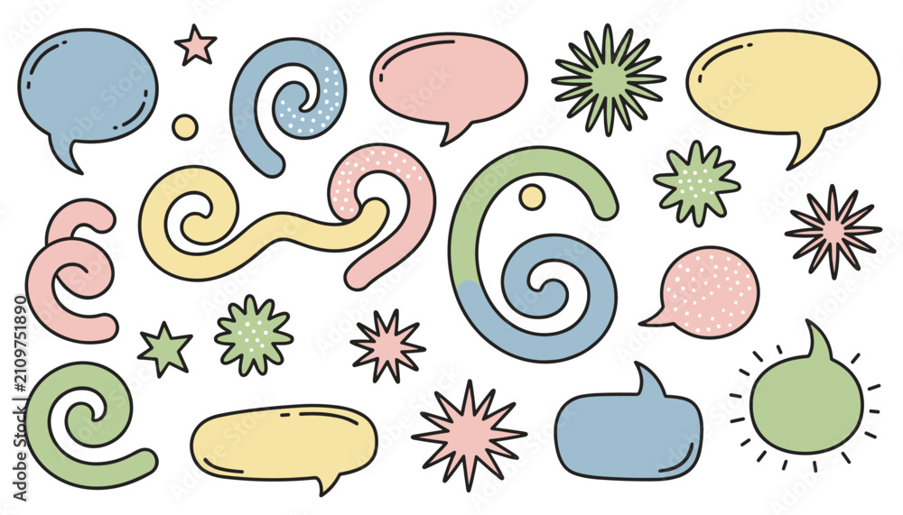 Fototapeta premium Playful collection of speech bubbles, pastel swirls, and starry shapes outlined in black on a white background.