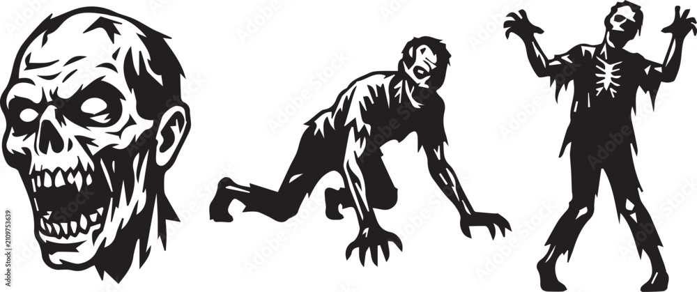 Fototapeta premium Zombie Silhouette Icons Set for Halloween and Horror