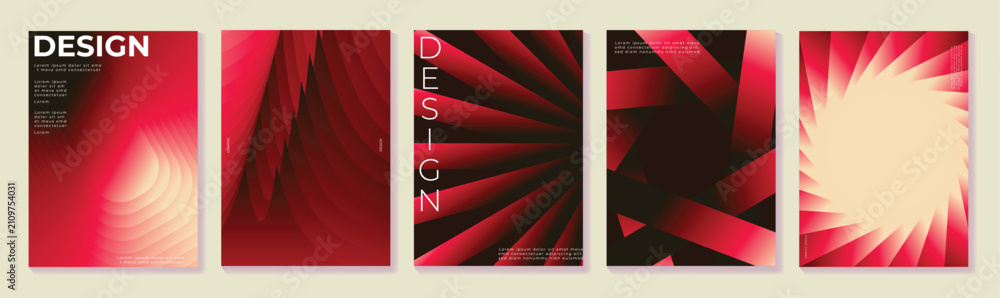 Naklejka premium Abstract red poster templates set vector. Modern black and crimson geometric gradients with folded shapes, radial rays and glowing light for cover, flyer, banner and presentation.