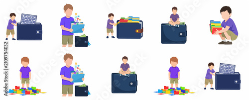Flat vector illustration set of a young boy character managing digital folders, wallet, and data icons for business and technology concepts
