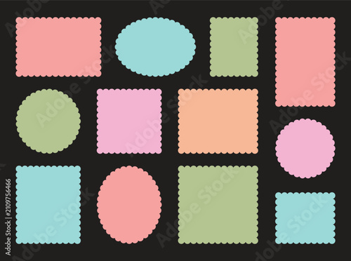 Set of colorful zigzag edges. Rectangular, round, circle, oval and square scalloped frames.  