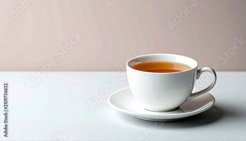 白いテーブルの上に置かれた紅茶の入ったシンプルなティーカップ