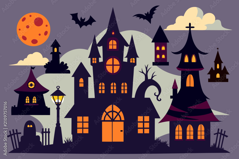 Fototapeta premium Spooky halloween haunted house illustration with bats and full moon