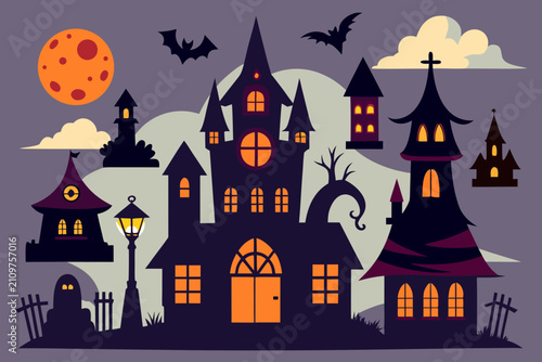 Spooky halloween haunted house illustration with bats and full moon