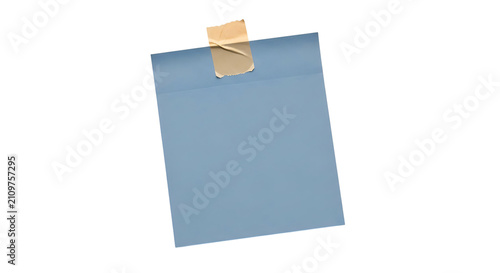Fotografía A light blue adhesive note with a torn edge, affixed to a clean white background by a beige tape, showcasing a minimalist design for business or organizational use