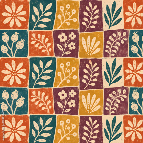 Retro botanical patchwork seamless pattern with handmade floral squares