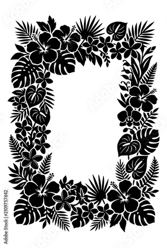 Tropical Flower and Leaf Silhouette Rectangular Frame Vector Illustration