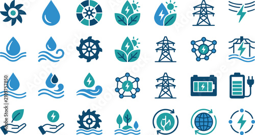 Fotografie Hydroelectric power and renewable energy icon set featuring clean water turbines