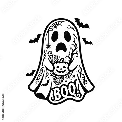 Gothic Halloween ghost black silhouette with spiderweb and bats, paper cut art, on a transparent background