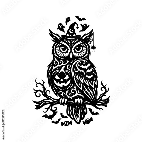 Gothic Halloween owl black silhouette with bats and spider on branch, paper cut art, on a transparent background  