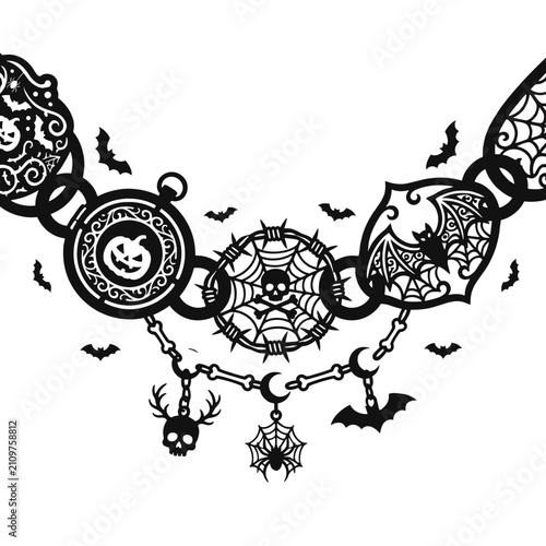 Gothic Halloween Chain Black Silhouette with Bats and Spider Webs, paper cut art, on a transparent background 