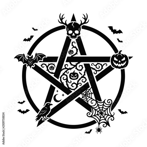 Gothic Halloween Pentagram Black Silhouette on a Transparent Background, paper cut art  