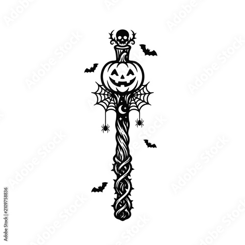 Gothic Halloween magic wand with black silhouette and pumpkins, paper cut art