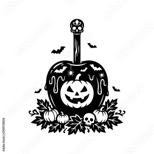 Gothic Halloween Candy apple with pumpkin, skull, and bats silhouette, paper cut art, on a transparent background
