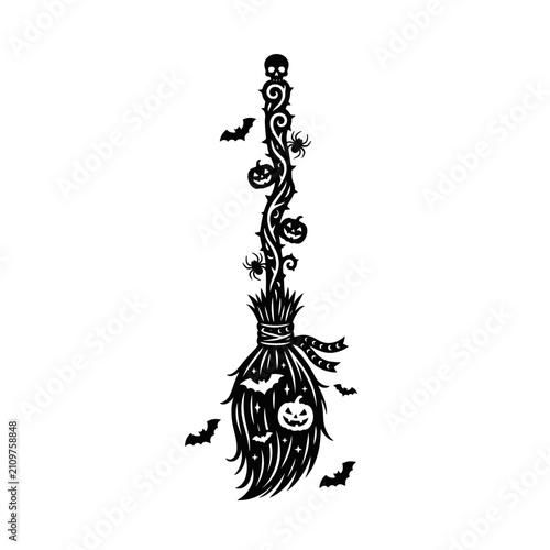 Gothic Halloween broomstick black silhouette on transparent background, paper cut art  