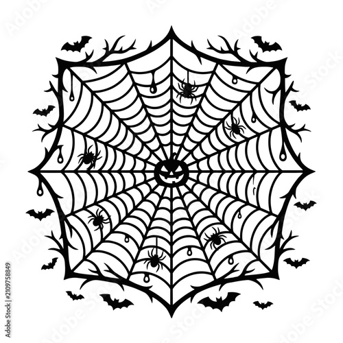 Gothic Halloween Spider web Black Silhouette paper cut art on transparent background  