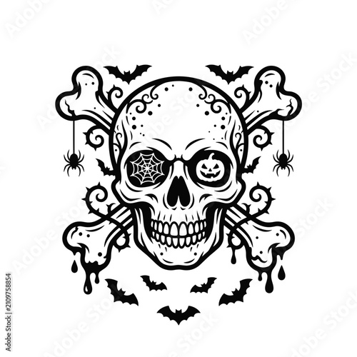 Gothic Halloween Skull and crossbones Black Silhouette, paper cut art, on a transparent background