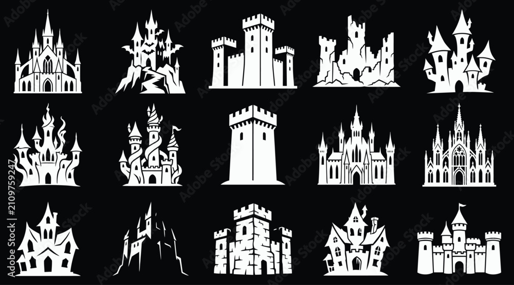 Fototapeta premium A comprehensive halloween vector bundle featuring various white silhouette designs of haunted castles and spooky fortresses for festive holiday graphic projects