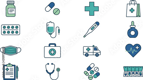 Medical line icon set with pharmacy bottles pills ambulance face mask and stethoscope symbols flat vector illustration for healthcare application interface design