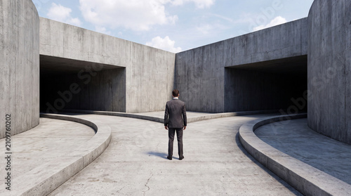 A businessman in a suit stands at a fork in a concrete pathway, facing two dark tunnel entrances, symbolizing a difficult choice.