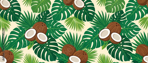 Seamless vector pattern featuring tropical coconut fruit and exotic palm leaves