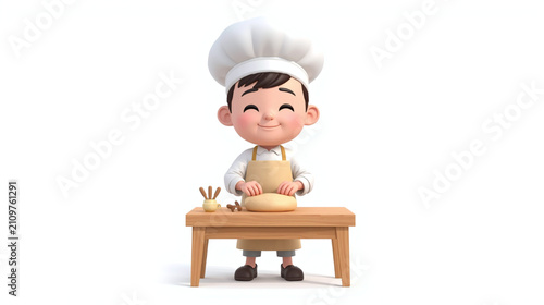 Cute 3D cartoon baker character kneading fresh bread dough on a wooden table. Minimal white background with copy space, ideal for bakery, cooking, food, education, and branding