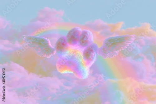 Cute digital illustration of a glowing angel paw print with wings floating among pastel clouds and a rainbow in a serene sky setting