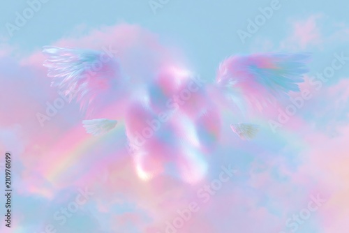 D rendered angel paw print with glowing wings and pastel colors against a soft sky background featuring clouds and a subtle rainbow effect