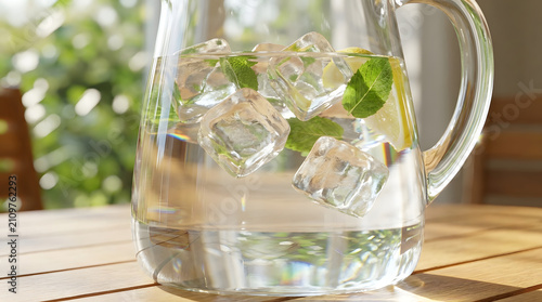Refreshing Water Pitcher: A crystal clear glass pitcher filled with ice-cold water, lemon slices, and fresh mint leaves, offering a cool and invigorating beverage on a warm, sunny day.