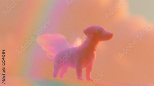 Cute rendered small dog angel silhouette with wings against a colorful pastel background featuring soft clouds and a rainbow effect