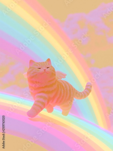 D rendered orange tabby cat with angel wings walking on a colorful rainbow against a soft pastel background, showcasing a whimsical and playful scene