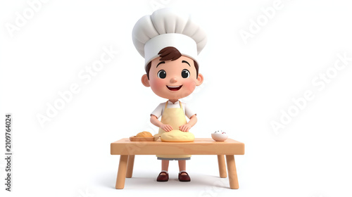 Cute 3D cartoon baker character kneading fresh bread dough on a wooden table. Minimal white background with copy space, ideal for bakery, cooking, food, education, and branding