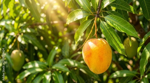 Ripe mango fruit hanging on a tree branch with green leaves and sunlight in a tropical orchard
