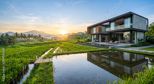 Modern luxury house surrounded by lush green rice fields at sunset with mountain landscape