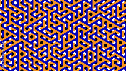 An abstract geometric pattern with repeating labyrinthine elements in a multicolor palette. This background is ideal for textiles, packaging, digital design, web projects, and decorative graphics.