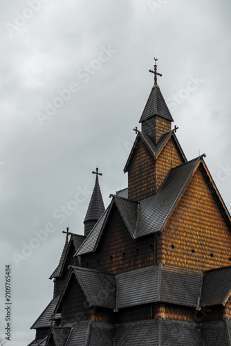 Obraz na plátně Heddal Stave Church in Telemark Norway – Medieval Wooden Architecture Against Dr