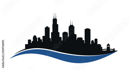 Chicago city skyline silhouette with blue wave graphic design element.
