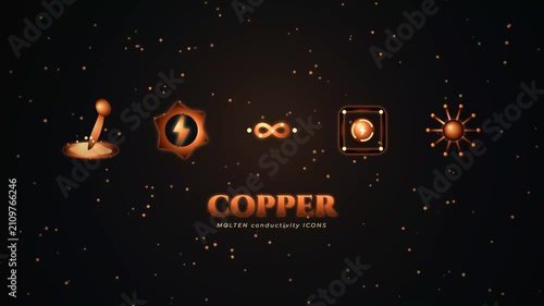 3D Molten Copper Conductivity Icons Set with Liquid Pour Lightning Bolt Infinity Wire and Circuit Motion Graphic

