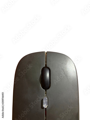 Obraz na plátně Close-up of a black ergonomic computer mouse with visible wear and tear on the s