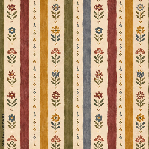 Hand painted retro floral stripe seamless pattern with heritage motifs