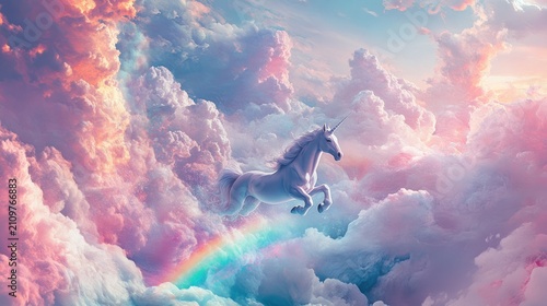 Majestic unicorn soaring through a pastel-hued, dreamlike sky filled with fluffy clouds and a vibrant rainbow