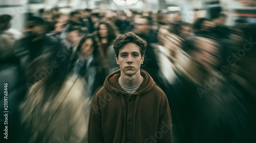 Lost in the Crowd: A young man with a somber expression stands isolated amidst a blurry, bustling crowd, embodying feelings of loneliness and existential dread in a chaotic urban environment.