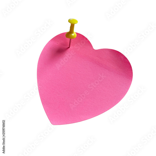 Pink heart shaped sticky note pinned with a small yellow thumb tack