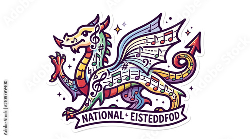 Cuadro en lienzo Colorful Mythical Dragon Illustration with Musical Notes and Staff Symbols