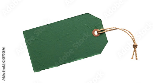 A textured green retail price tag with a natural twine string and metal ring against a clean white background